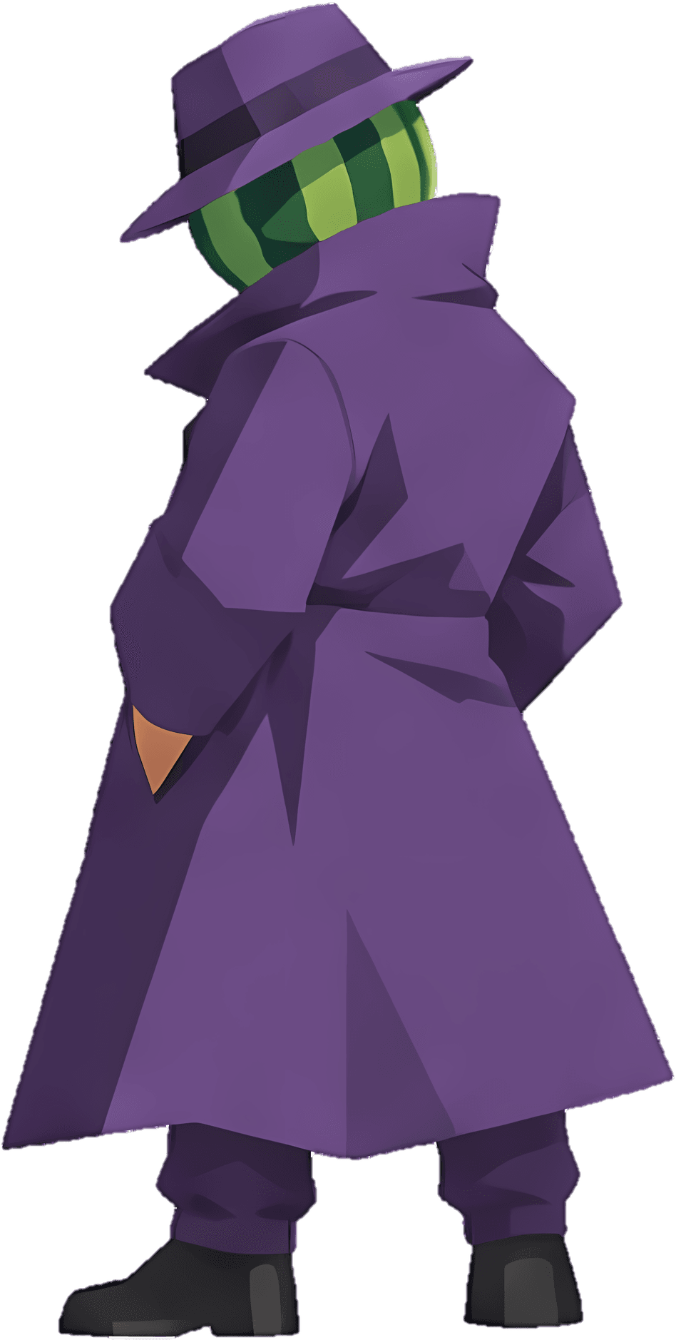 Sus-Eater: a figure in a purple trench coat and hat, glancing back over the shoulder, with a watermelon for a head